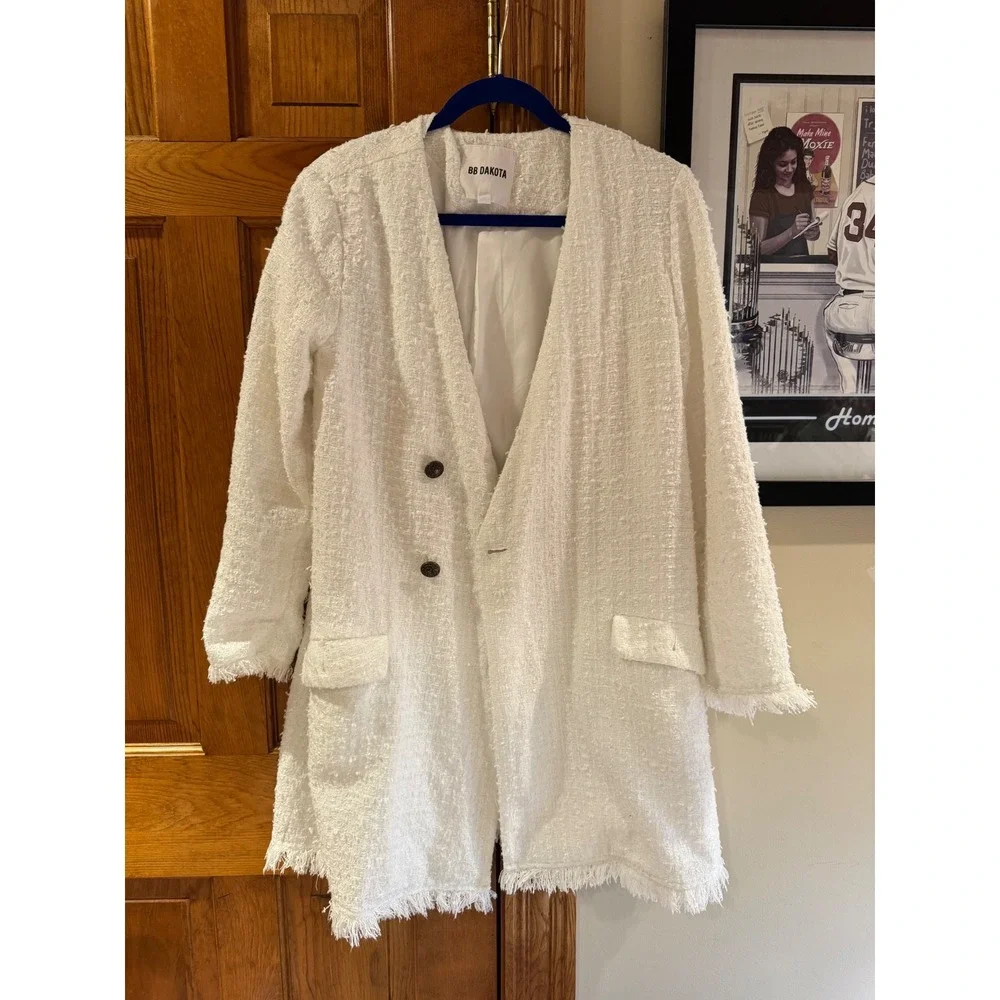 BB Dakota Tweed Coat Cream Frayed Edge Jacket Long Blazer Womens Medium - Picture 2 of 9